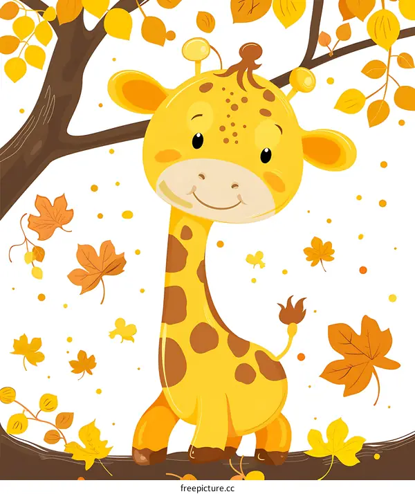 Cute Cartoon Giraffe with Autumn Leaves