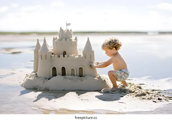 Toddler Building Sandcastle on Beach