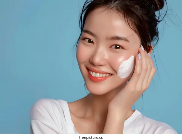 Smiling Woman Applying Face Cream  On Blue Background