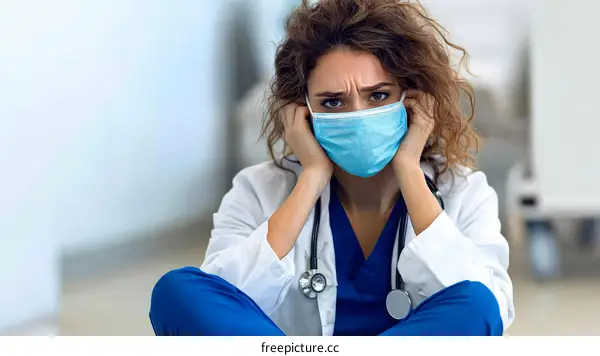 Depressed Caucasian Woman Doctor Wearing Medical Mask