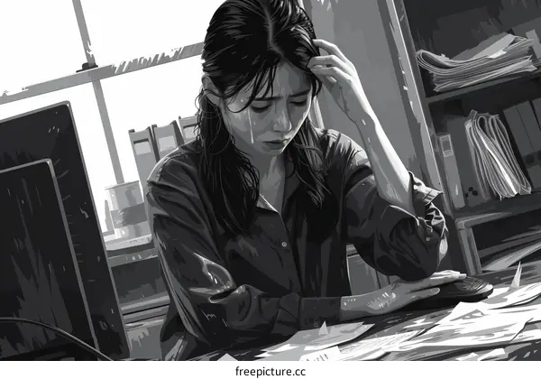 Illustration of a woman sitting at her desk looking stressed