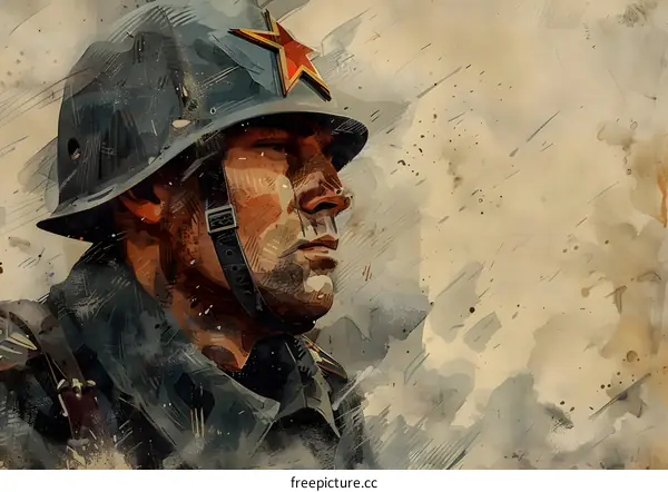 Soviet Soldier Watercolor Painting Portrait