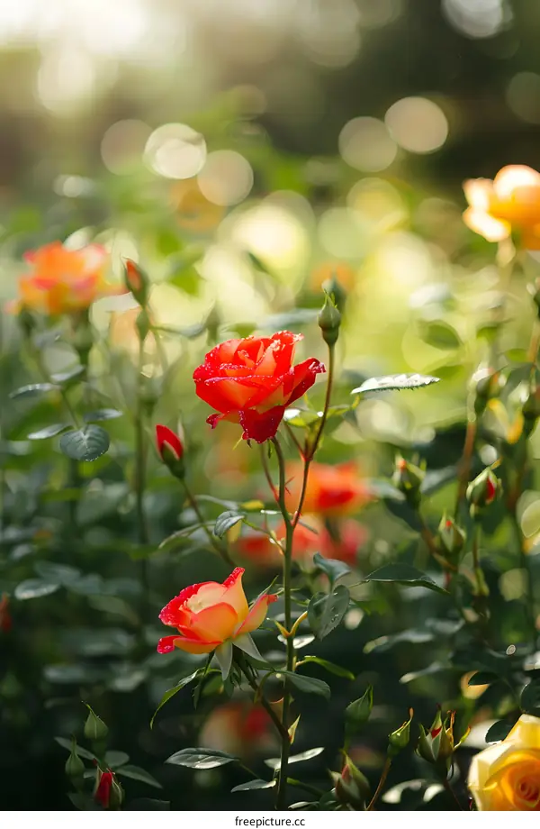 Close Up of Red and Yellow Roses Blooming in Garden