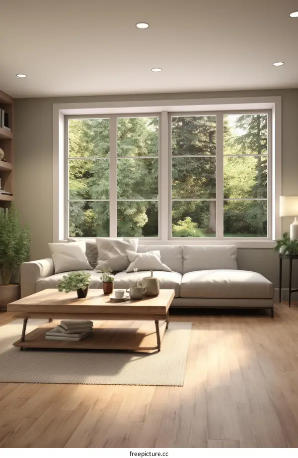 Airy living room with large windows