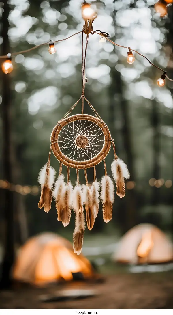 Dreamcatcher Hanging in the Forest with Bokeh Lights
