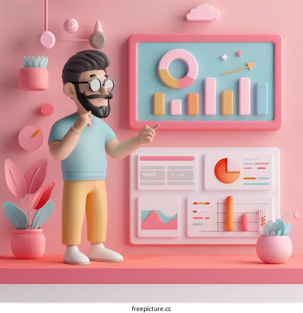 A man pointing at a presentation board with graphs and charts