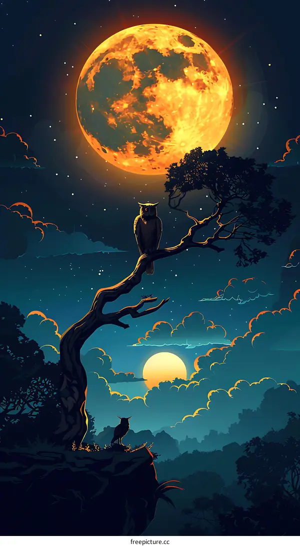 Two Owls on a Branch under a Large Full Moon