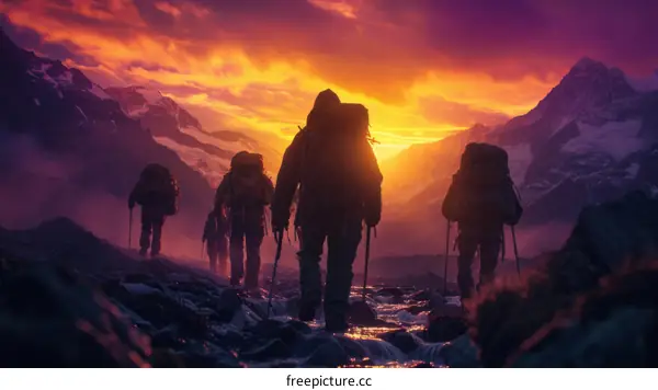 A group of hikers walk through a mountain pass at sunset