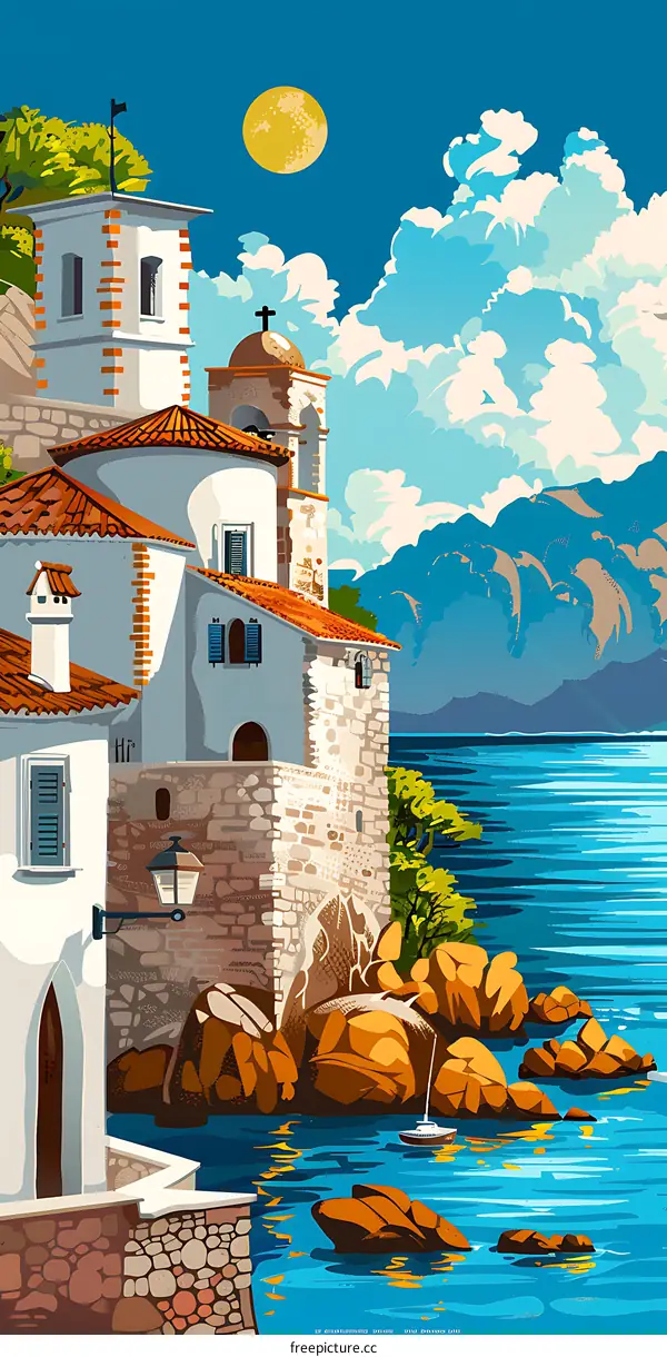 Mediterranean Seaside Village with Tower and Church