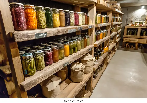 Rustic Wooden Pantry Shelves Filled with Preserves