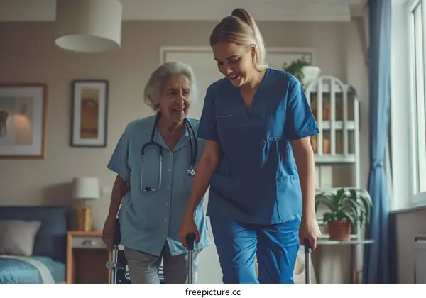 A young nurse assisting an elderly woman with a walker
