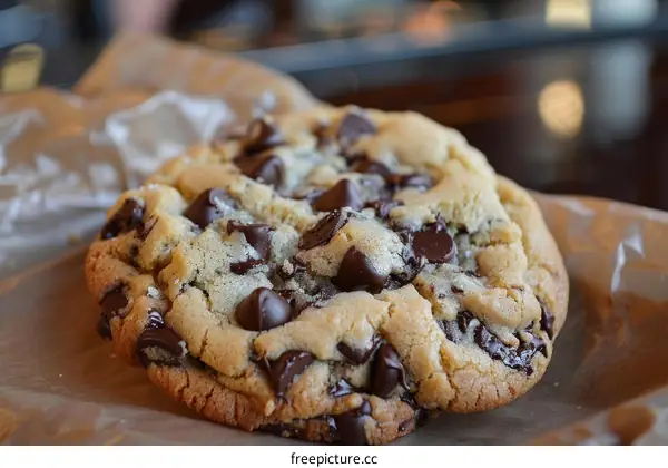 Close-up image of a chocolate chip cookie on a brown surface