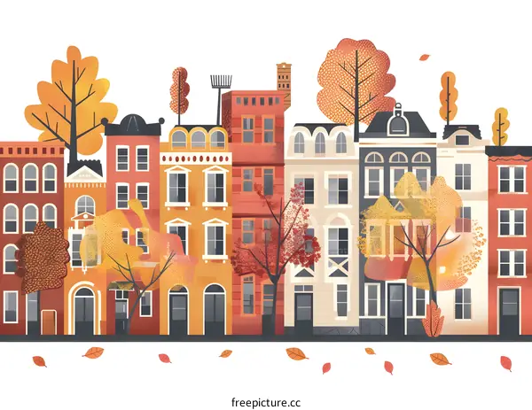 Fall Season Illustration Of Street With Colorful Buildings