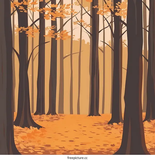 Autumn Forest Landscape Illustration with Brown Trees and Orange Leaves