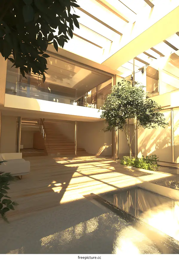 Modern House Interior Design with Glass Roof and Courtyard