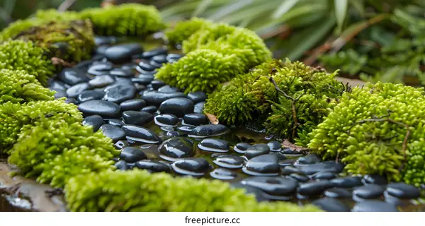 Close Up of Moss and Stones in a Small Stream