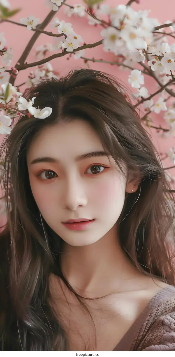 Beautiful Asian Woman Posing with Cherry Blossoms