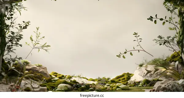 Green Mossy Stones and Plants in a Minimalist Setting