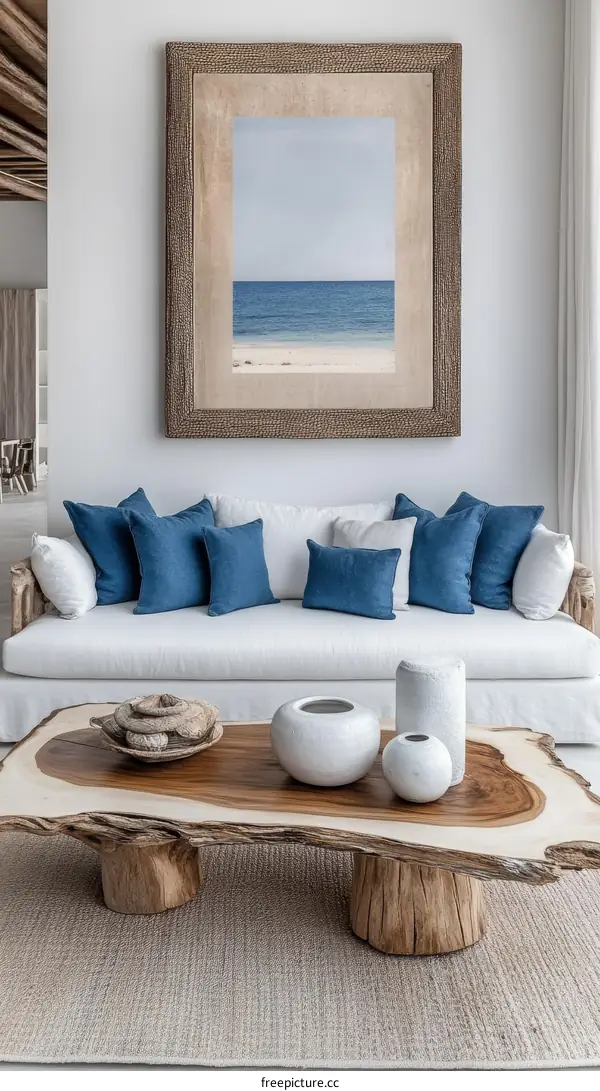 Coastal Living Room with Wooden Coffee Table and Framed Art