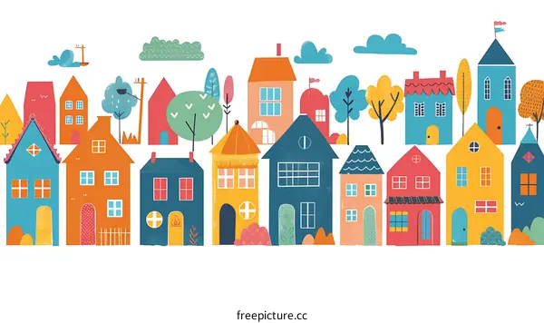Colorful Cartoon Houses Row In A Small Town Illustration