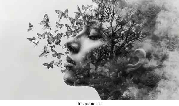 Black and white photo of a woman's face combined with a tree