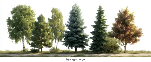 A row of various trees in a natural outdoor setting