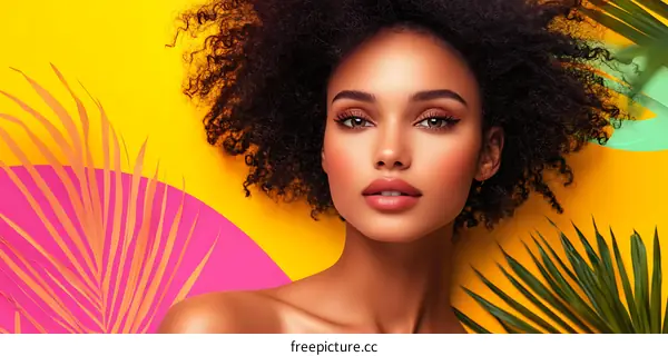 Beautiful Woman with Afro Hair and Tropical Leaves