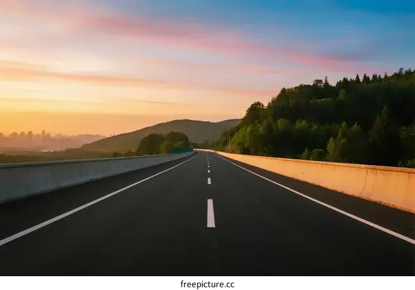 Sunset view of an empty highway with trees and mountains in the distance