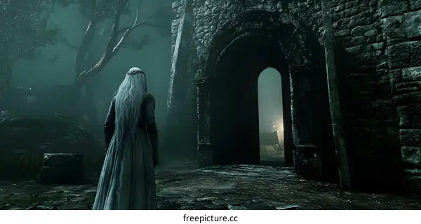 Woman in White Robe Stands Before Ancient Stone Archway
