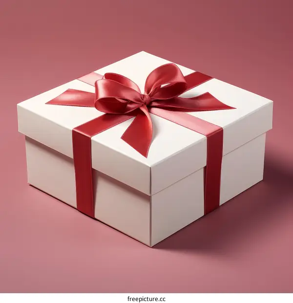 A white gift box with a red ribbon