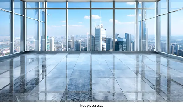 Empty Room With City View From Windows