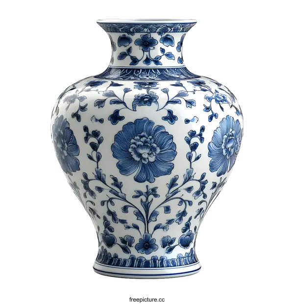 [Transparent Background PNG]Blue and White Porcelain Vase with Floral Design