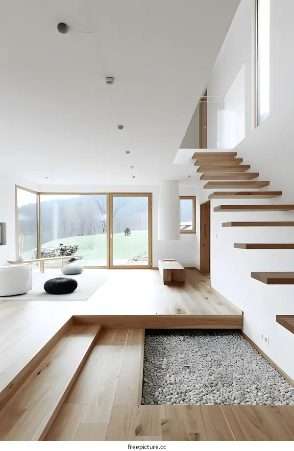 Modern Minimalist Interior Design With Wooden Stairs and Pebble Flooring