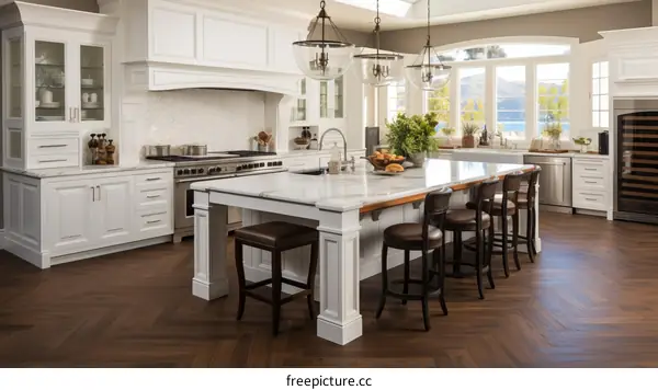Modern Kitchen With White Cabinets and Hardwood Floors