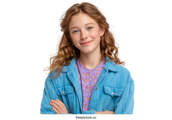 [Transparent Background PNG]Smiling Caucasian Girl in Light Blue Corduroy Jacket