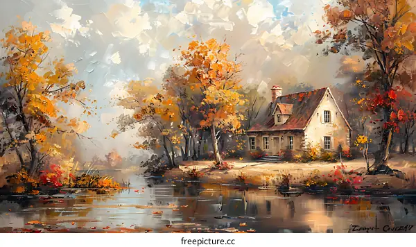 Autumn Landscape Painting with Cottage and River