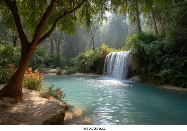 Tranquil Waterfall in Lush Green Forest