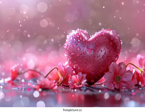 Pink Heart with Water Drops and Flowers