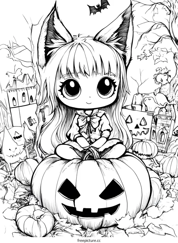 Halloween Illustration of a Cute Girl Sitting on a Pumpkin