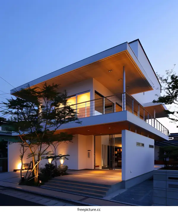 Modern Japanese Style Home with a Wooden Deck and Metal Railings
