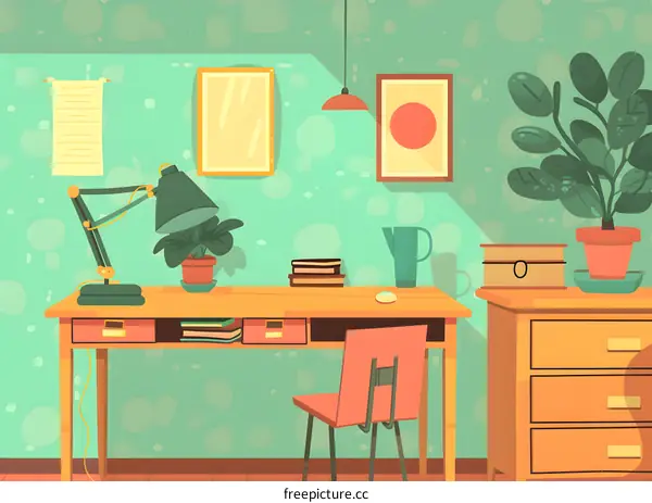 Green Walls Home Office Workspace Desk Illustration