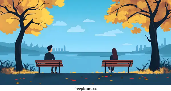 Couple Sitting on Benches by a Lake in Autumn