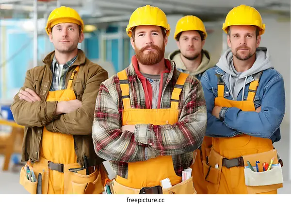 Construction Workers Posing Together in a Busy Construction Site
