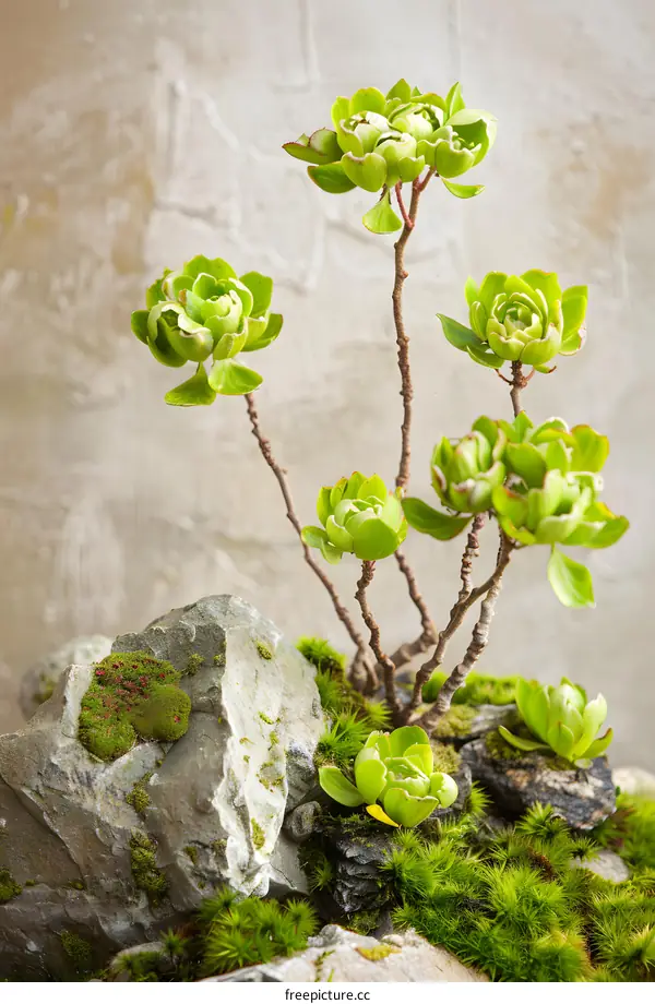 Green Succulents on Rocks with Moss