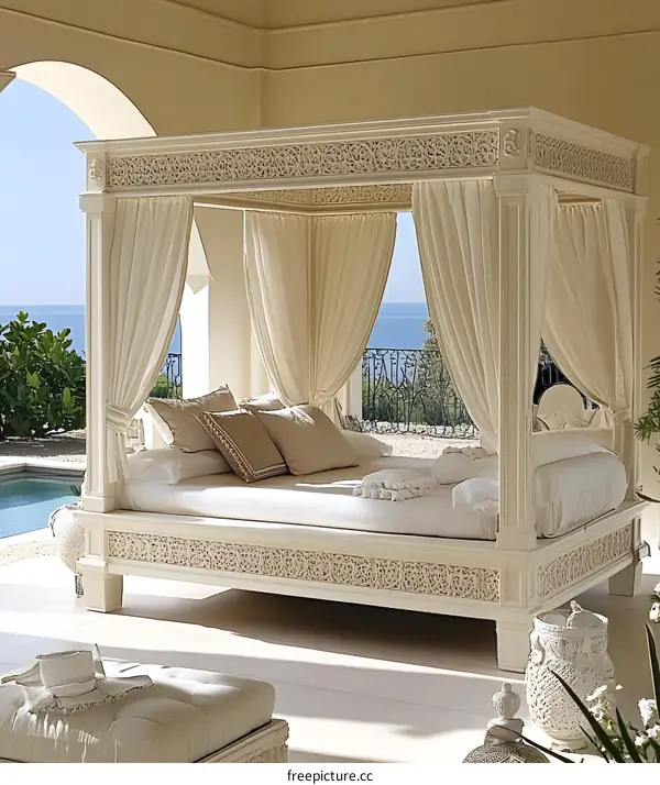 White Canopy Bed with Intricate Carvings and Ocean View