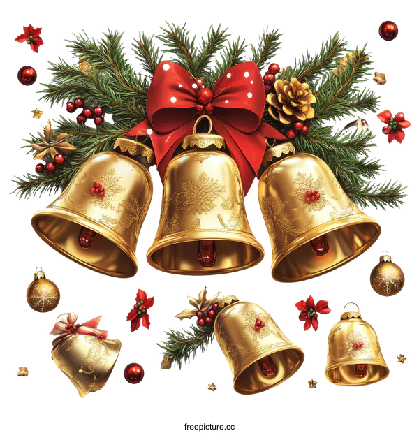 [Transparent Background PNG]Christmas Golden Bells Decorated with Ornaments