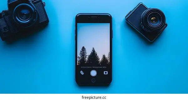 Camera Phone and Vintage Cameras on Blue Background