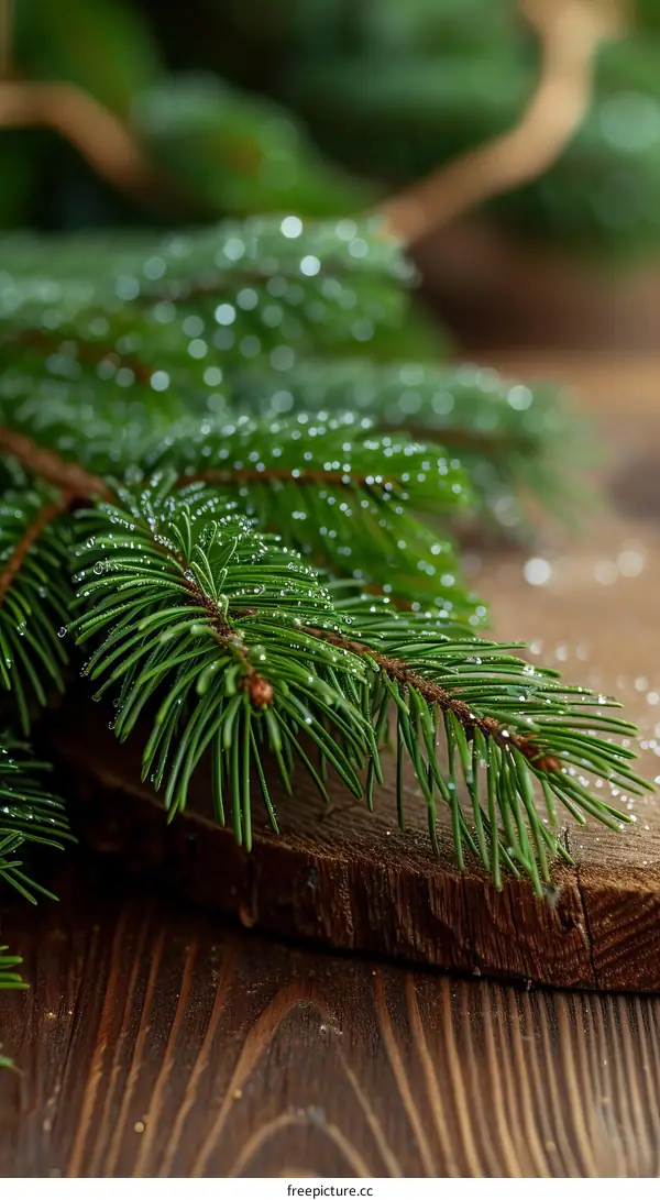 Close-up of a fir branch with dew drops on a wooden background