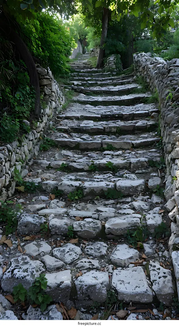 Stone Steps Leading Up Through Green Foliage