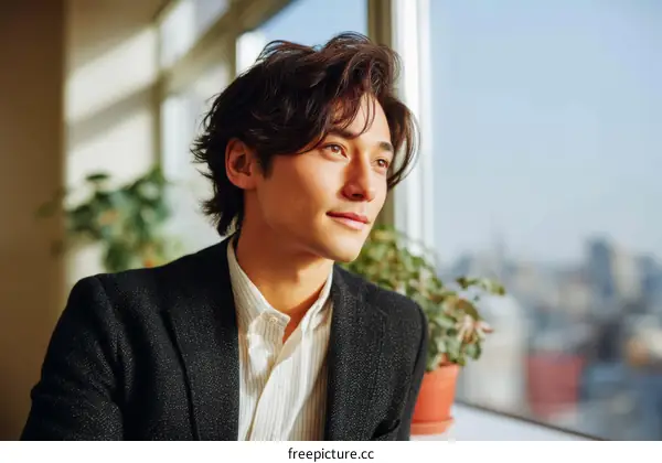 Thoughtful Asian Man by Window